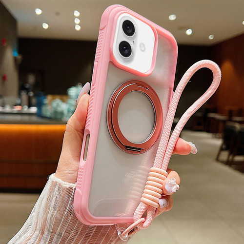 iPhone 17 Solid Color Edge Transparency Rotation Holder MagSafe Phone Case with Wrist Strap - Pink
