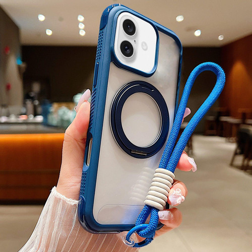 iPhone 17 Solid Color Edge Transparency Rotation Holder MagSafe Phone Case with Wrist Strap - Royal Blue