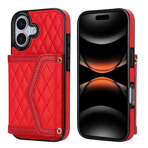 iPhone 17 Splicing Rhombic Texture Card Bag Phone Case with Long Lanyard - Red