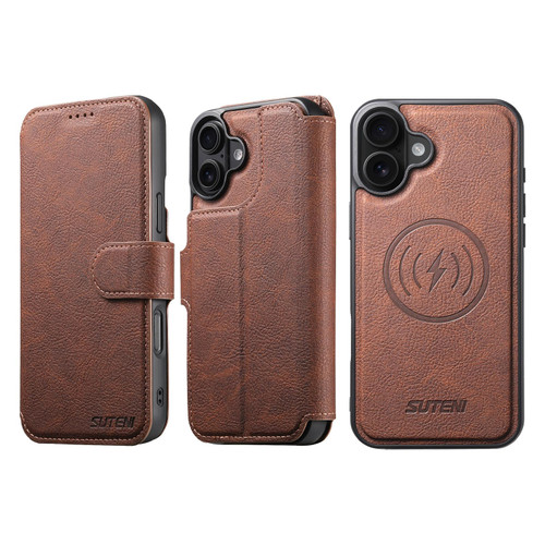 iPhone 17 Suteni Q05 2-in-1 Multi-function MagSafe Wallet Litchi Leather Phone Case - Brown