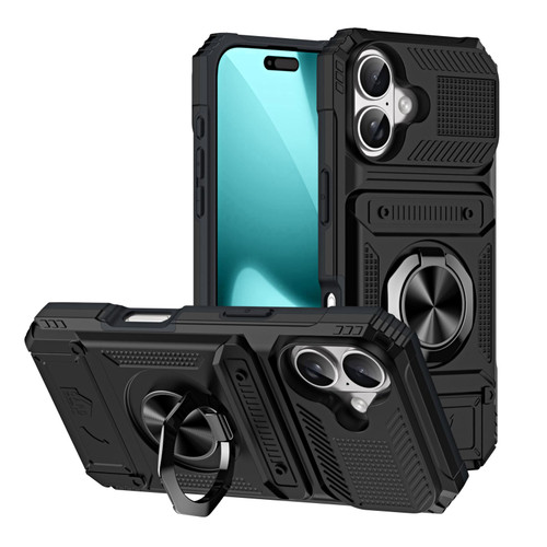 iPhone 17 TPU+PC Shockproof Card Phone Case with Metal Ring Holder - Black