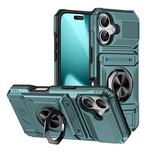 iPhone 17 TPU+PC Shockproof Card Phone Case with Metal Ring Holder - Green