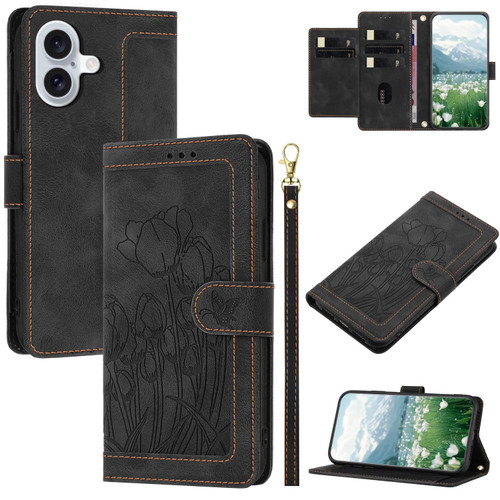 iPhone 17 Tulips Embossed Leather Phone Case with Lanyard - Black