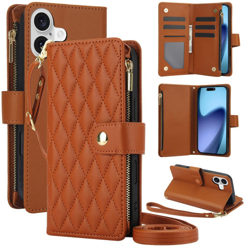 iPhone 17 YM016 Rhombic Zipper Card Wallet Leather Phone Case with Lanyard - Brown
