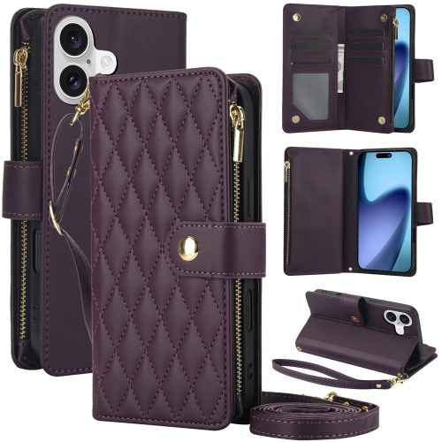 iPhone 17 YM016 Rhombic Zipper Card Wallet Leather Phone Case with Lanyard - Dark Purple
