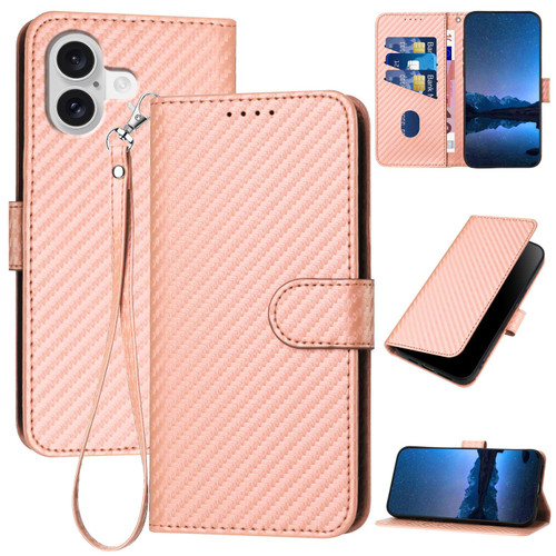 iPhone 17 YX0070 Carbon Fiber Buckle Leather Phone Case with Lanyard - Pink