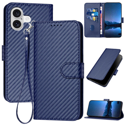 iPhone 17 YX0070 Carbon Fiber Buckle Leather Phone Case with Lanyard - Royal Blue