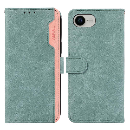 iPhone 16e / 17e ABEEL Color Block Magnetic RFID Leather Phone Case - Cyan-Pink
