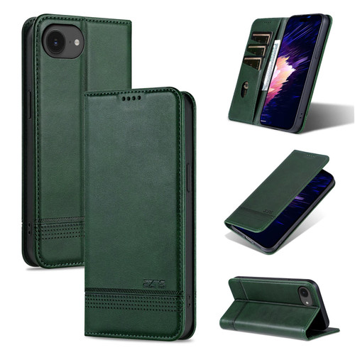 iPhone 16e / 17e AZNS Magnetic Calf Texture Flip Leather Phone Case - Dark Green