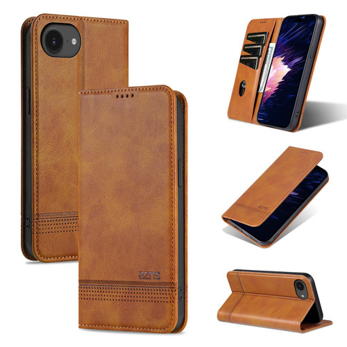 iPhone 16e / 17e AZNS Magnetic Calf Texture Flip Leather Phone Case - Light Brown