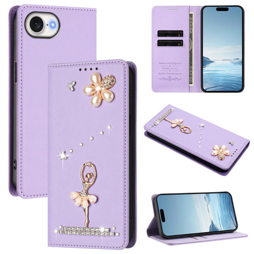 iPhone 16e / 17e Ballet Girl Diamond Studded RFID Vegan Leather Phone Case - Light Purple
