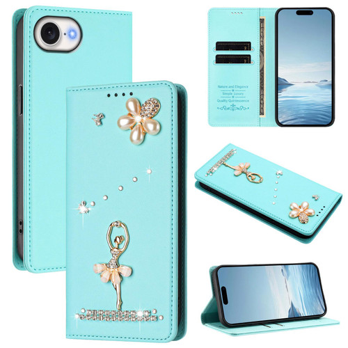 iPhone 16e / 17e Ballet Girl Diamond Studded RFID Vegan Leather Phone Case - Mint Green