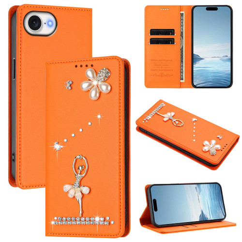 iPhone 16e / 17e Ballet Girl Diamond Studded RFID Vegan Leather Phone Case - Orange