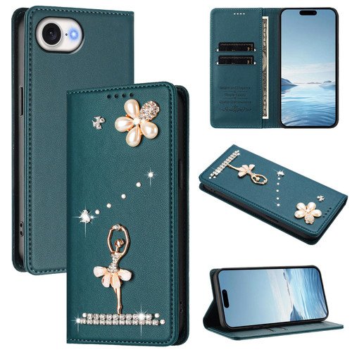 iPhone 16e / 17e Ballet Girl Diamond Studded RFID Vegan Leather Phone Case - Peacock Green