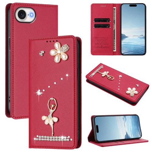 iPhone 16e / 17e Ballet Girl Diamond Studded RFID Vegan Leather Phone Case - Wine Red