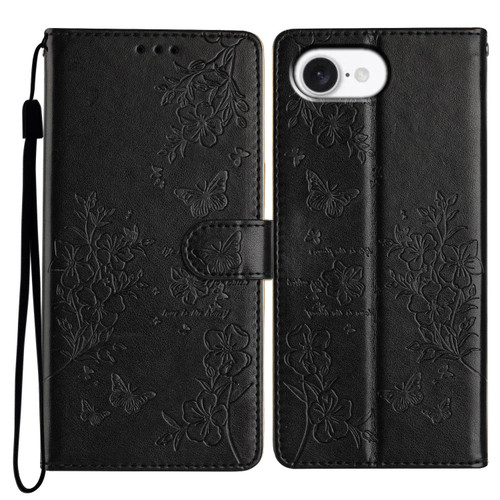 iPhone 16e / 17e Butterflies and Flowers Leather Phone Case - Black