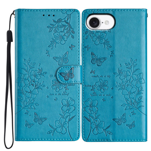 iPhone 16e / 17e Butterflies and Flowers Leather Phone Case - Blue