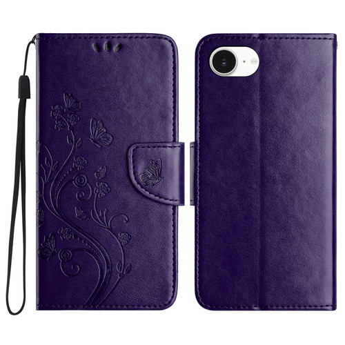 iPhone 16e / 17e Butterfly Flower Pattern Flip Leather Phone Case - Dark Purple