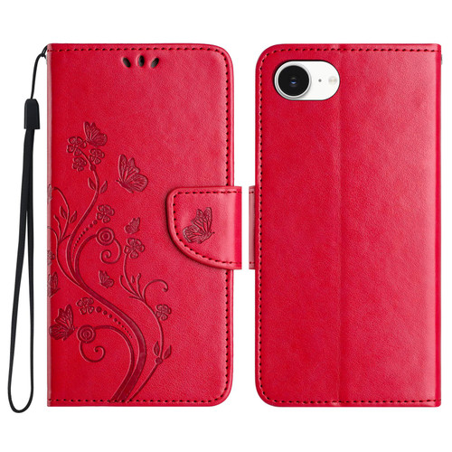 iPhone 16e / 17e Butterfly Flower Pattern Flip Leather Phone Case - Red