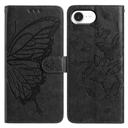 iPhone 16e / 17e Butterfly Flutter Pattern Embossed Leather Phone Case - Black