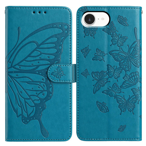 iPhone 16e / 17e Butterfly Flutter Pattern Embossed Leather Phone Case - Blue