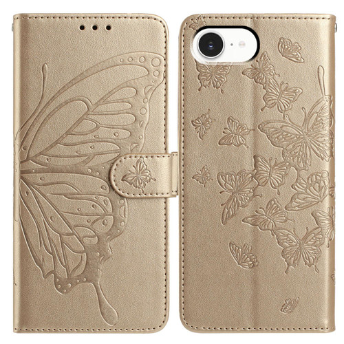 iPhone 16e / 17e Butterfly Flutter Pattern Embossed Leather Phone Case - Gold