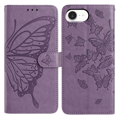 iPhone 16e / 17e Butterfly Flutter Pattern Embossed Leather Phone Case - Purple