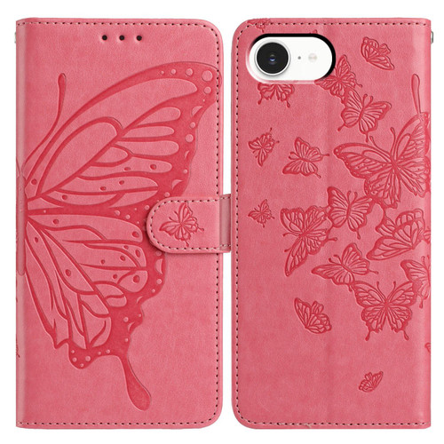 iPhone 16e / 17e Butterfly Flutter Pattern Embossed Leather Phone Case - Rose Red