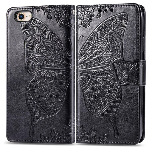iPhone 16e / 17e Butterfly Love Flower Embossed Leather Phone Case - Black