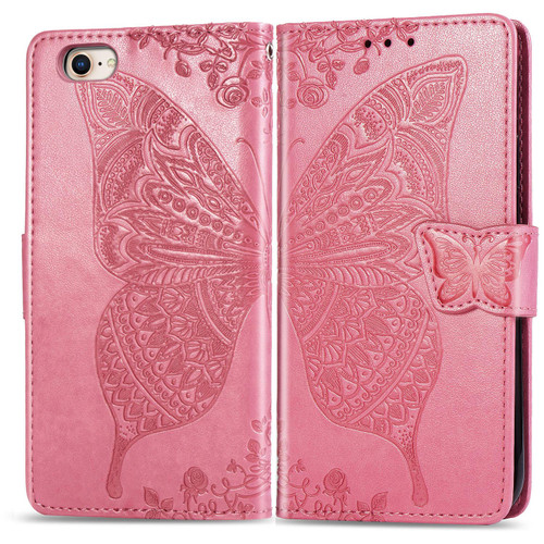 iPhone 16e / 17e Butterfly Love Flower Embossed Leather Phone Case - Pink