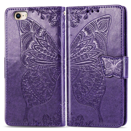 iPhone 16e / 17e Butterfly Love Flower Embossed Leather Phone Case - Purple