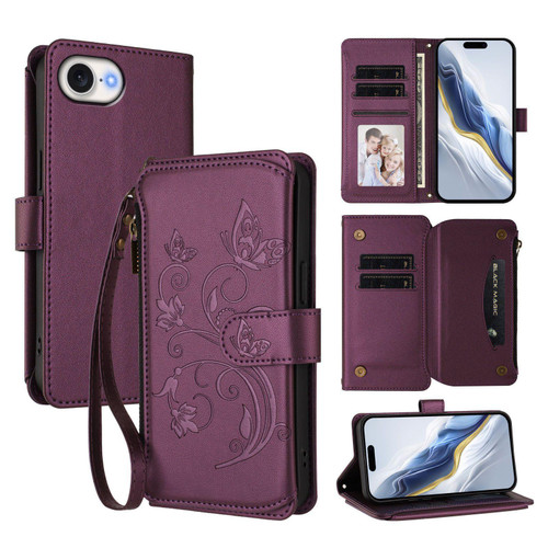 iPhone 16e / 17e Butterfly Love Flower Multi-card Zipper Wallet Leather Phone Case - Dark Purple