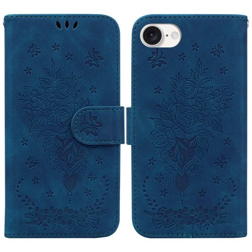 iPhone 16e / 17e Butterfly Rose Embossed Leather Phone Case - Blue