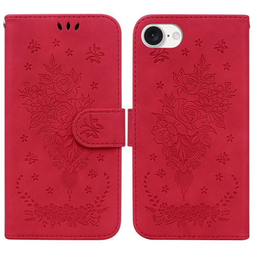 iPhone 16e / 17e Butterfly Rose Embossed Leather Phone Case - Red