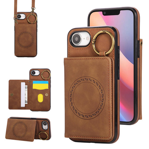iPhone 16e / 17e Car Magnetic Ring Buckle Card Bag Phone Case with Lanyard - Brown