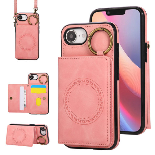 iPhone 16e / 17e Car Magnetic Ring Buckle Card Bag Phone Case with Lanyard - Pink