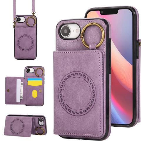 iPhone 16e / 17e Car Magnetic Ring Buckle Card Bag Phone Case with Lanyard - Purple
