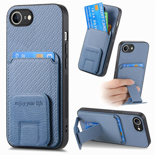 iPhone 16e / 17e Carbon Fiber Card Bag Fold Stand Phone Case - Blue