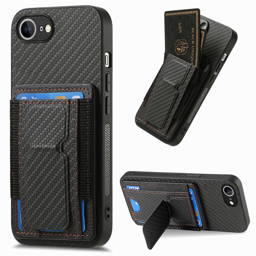 iPhone 16e / 17e Carbon Fiber Fold Stand Elastic Card Bag Phone Case - Black
