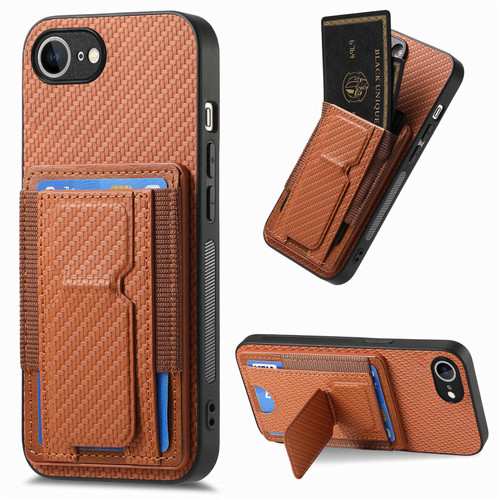 iPhone 16e / 17e Carbon Fiber Fold Stand Elastic Card Bag Phone Case - Brown