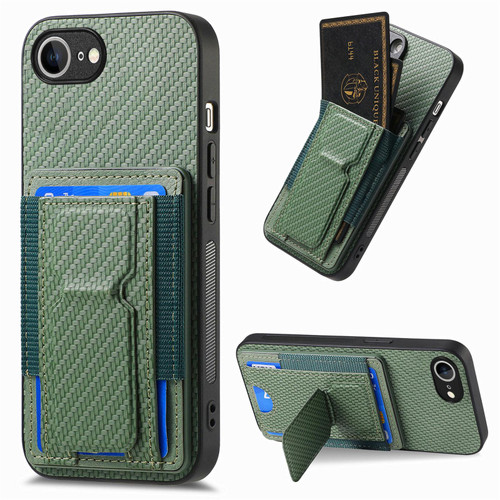 iPhone 16e / 17e Carbon Fiber Fold Stand Elastic Card Bag Phone Case - Green