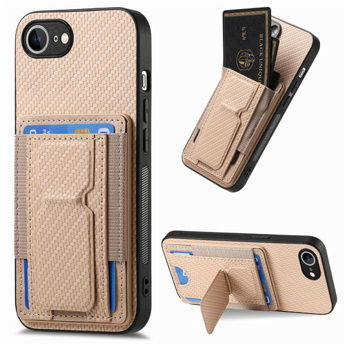 iPhone 16e / 17e Carbon Fiber Fold Stand Elastic Card Bag Phone Case - Khaki