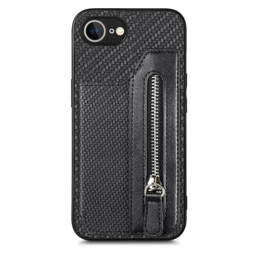 iPhone 16e / 17e Carbon Fiber Horizontal Flip Zipper Wallet Phone Case - Black