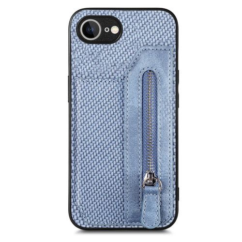 iPhone 16e / 17e Carbon Fiber Horizontal Flip Zipper Wallet Phone Case - Blue