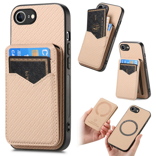 iPhone 16e / 17e Carbon Fiber MagSafe Vertical Flip Card Bag Phone Case - Khaki