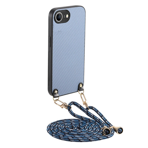 iPhone 16e / 17e Carbon Fiber Texture Leather Back Phone Case with Crossbody Strap - Blue