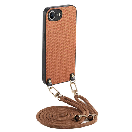 iPhone 16e / 17e Carbon Fiber Texture Leather Back Phone Case with Crossbody Strap - Brown