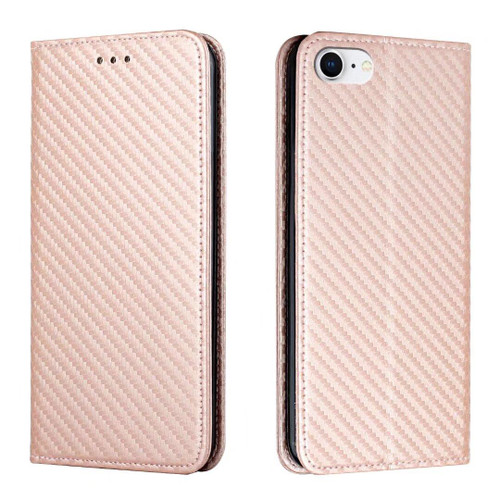 iPhone 16e / 17e Carbon Fiber Texture Magnetic Flip Leather Phone Case - Rose Gold