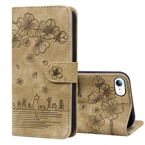 iPhone 16e / 17e Cartoon Sakura Cat Embossed Leather Phone Case - Brown