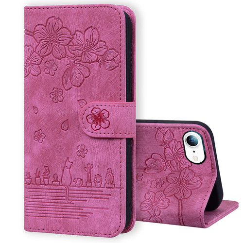 iPhone 16e / 17e Cartoon Sakura Cat Embossed Leather Phone Case - Rose Red